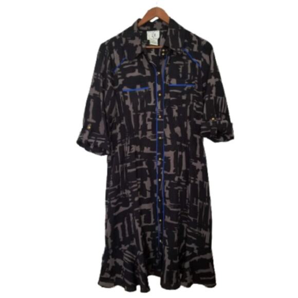 iCE Black Gray & Royal Blue Long Sleeve Button Down Dress - Size 12 - Picture 1 of 5